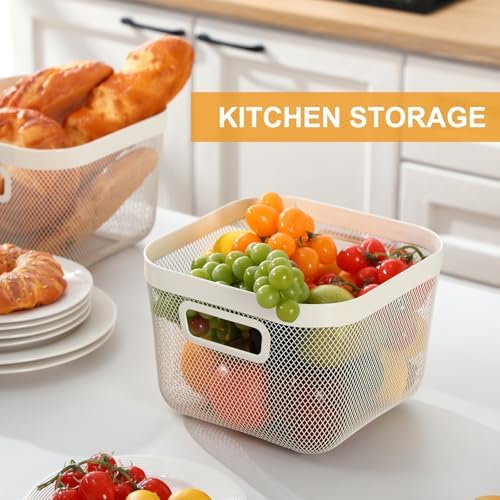 MorningRo 6 Pack Metal Mesh Basket with Hollow Handles White Wire Storage Bin for Organizing Stackable Metal Fine Mesh Basket for Pantry Bathroom Kitchen Cabinets Shelves (Medium)