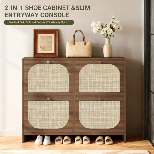 Nicetree Freestanding Ultra Slim Arched Accent Entryway Shoe Storage - 4 Flip Drawers & 3-Tier Adjustable Shelves, Modern Slim Shoe Cabinet for Hallway, Foyer (flip Down Shoe Cabinet | Amber Oak)