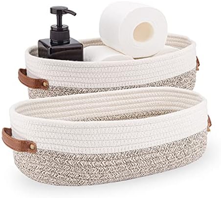 2 Pack Woven Storage Basket for Toilet Tank Top,Farmhouse Home Decor Organizing Basket for Bathroom,Table and Counter 13"x5.9"x4" Apricot Stitching White