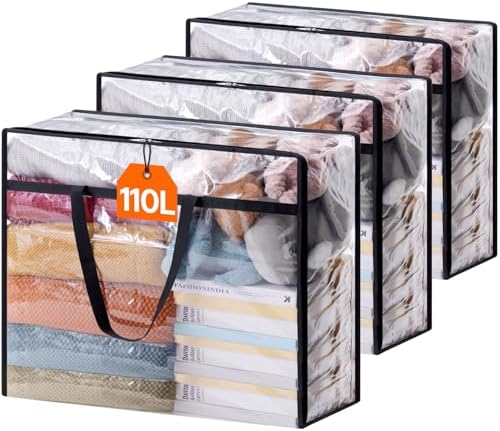 Lifewit 3 Pack Clear Clothes Storage Bags, 110L Plastic Blanket Storage Bag, Vinyl Foldable Moving Bags with Zipper, Closet Organizers and Storage Containers for Bedding, Duvet, Comforter