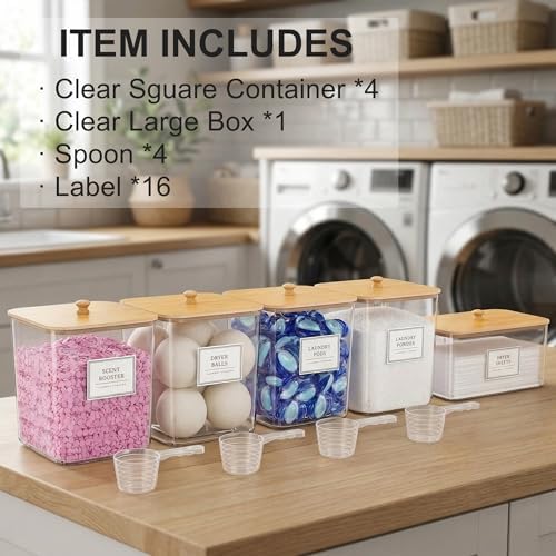 FUSHITON Laundry Pods Storage Container, 4+1 Set Clear Storage Bins with Bamboo Lids for Detergent Pods, Scent Beads & Dryer Sheets, Includes 16 Labels and 3 Measuring Scoops