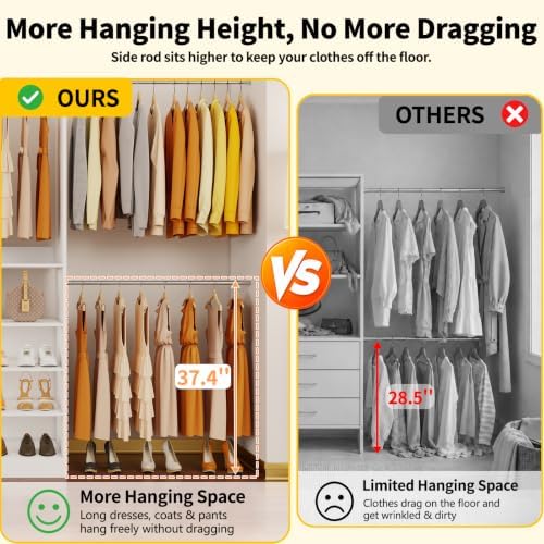 Closet System with 6 Drawers & Mirror, 4-12FT Closet Organizer System with 6 Shelves, 5 Hanging Rods & Light, Modular Custom Closet System Kit for Walk in Closet, 2 Sets, White