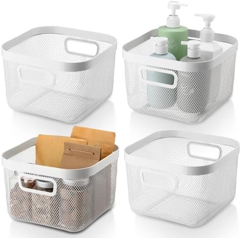 MorningRo 4 Pack Metal Mesh Basket with Hollow Handles White Wire Storage Bin for Organizing Stackable Metal Fine Mesh Basket for Pantry Bathroom Kitchen Cabinets Shelves (Medium)