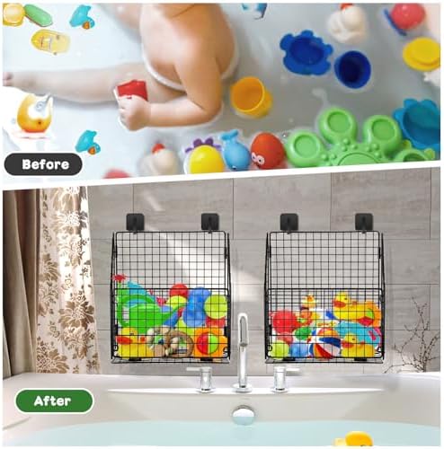 Greentainer 2-Pack Bath Toy Storage Organizer, Large Foldable Bathtub Toy Holder with Drainage, No Drill Adhesive Wall Mounted Rustproof Metal Wire Basket for Bathroom Tub & Shower Toys