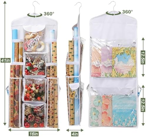 EXLIFBAG Wrapping Paper Storage, Double-Sided Hanging Storage, White | Gift Wrap Organizer with Over-Door Hook, 600D Oxford Fabric, Clear PVC Pockets, 16 x 41 inch