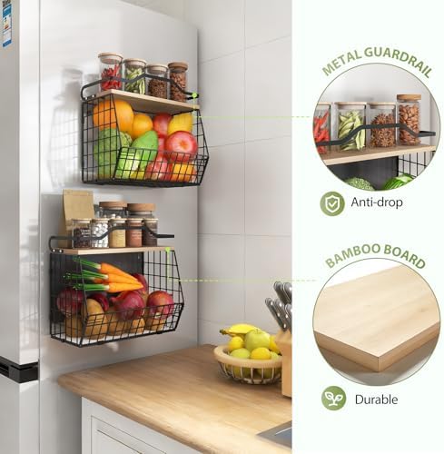 Wawocs Magnetic Shelf for Fridge with Wood Lid, 2 Tier Fruit Baskets Wall Mounted Hanging Basket with 4 Hanger Hooks, Potato and Onion Magnetic Storage Bins for Kitchen Counter, Refrigerator, Cabinet