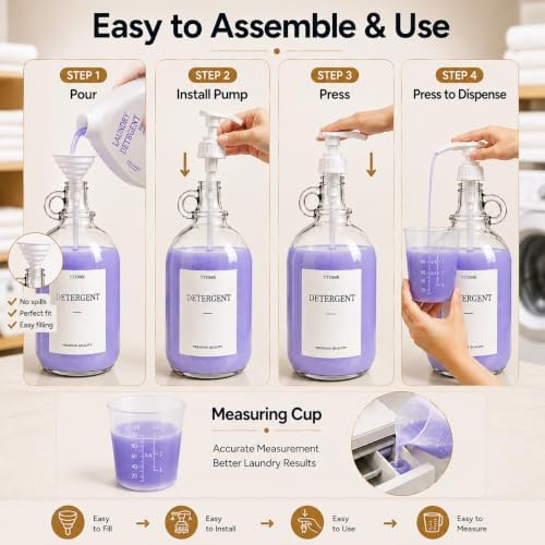 2 Pack Glass Laundry Detergent Dispensers, 128 oz One Gallon Bottles | Large Capacity Glass Bottles with Pumps, Labels, Funnels and Measuring Cups for Laundry Detergent and Fabric Softener.