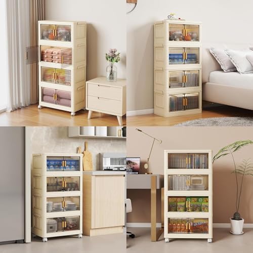 Stackable Plastic Storage Bins with Lids 4 Tier, Collapsible Closet Organizers and Storage with Wheels for Living Room,Office,Dorm 18.9" W x 10.6" D x 37.8" H