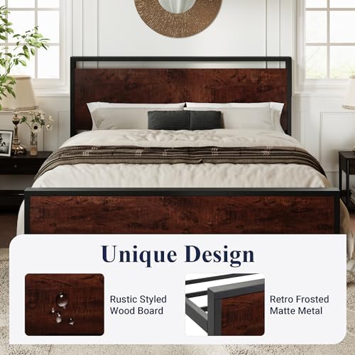 Allewie Full Size Bed Frame, Heavy Duty 12 Metal Slats Support, Mahogany