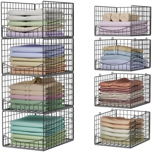 Hongtamoya 4-Tier Stackable Closet Organizers and Storage Shelves, Clothes Storage Basket, Clothes Shelf Organizer Sweater Organizer Bins Container for Wardrobe Kitchen Bathroom Office, Black