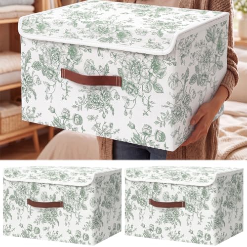 2 Pack Green Floral Storage Bin with Lids, 17x11x12 Inch