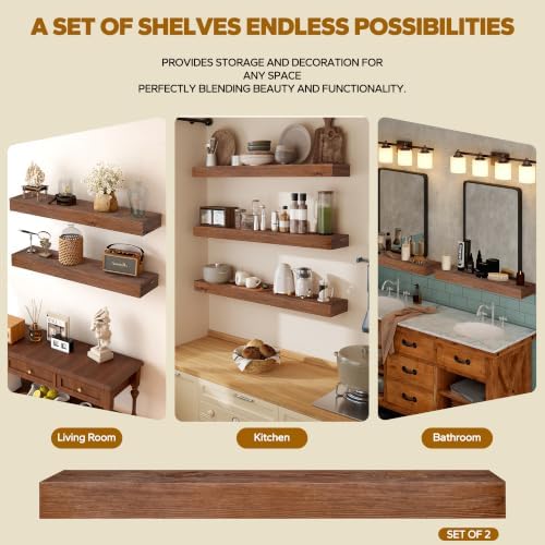 Floating Shelves 3 inch Thick for Wall Set of 2,Solid Pine Wood Wall Mount Shelf for Kitchen Living Room Bedroom Bathroom,8" D x 36" L x 3" H-Rustic Brown