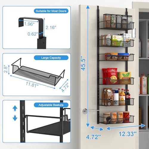 VyGrow 12.3" W Narrow Over the Door Pantry Organizer, 6-Tier Over the Door Organizer with Adjustable Basket, Pantry Door Organization for Pantry Kitchen Storage Room Spice Rack, Black