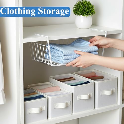 6 Pack Under Shelf Basket, Slide in Wire Hanging Storage Baskets, Slides Under Wire Shelves, Undershelf Hanging Storage Bin Basket for Kitchen, Pantry, Counter, Desk Bookshelf (White)
