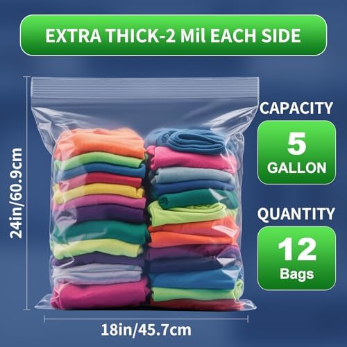 TUXIYA 12PACK 5 Gallon Large Zipper Bags for Storage 18" x 24" Storage Bags