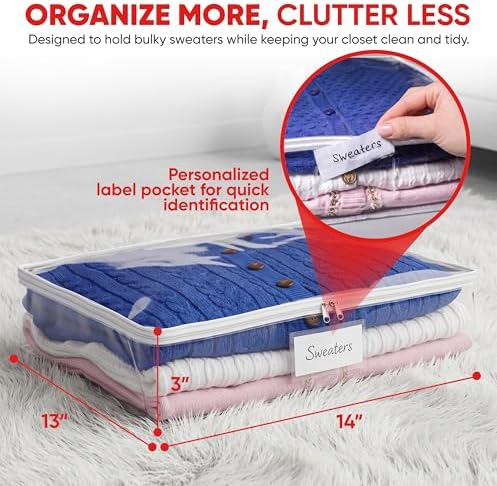Masirs Clear Sweater Storage Bags 2-Pack – Zippered Vinyl Organizers with Label Pocket, Durable Dustproof Clothing Storage for Sweaters, Blankets, Linens, Underbed & Closet Use