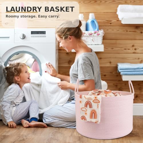 XUANGUO 66L Large Blanket Basket, Round Cotton Rope Basket, Light Pink