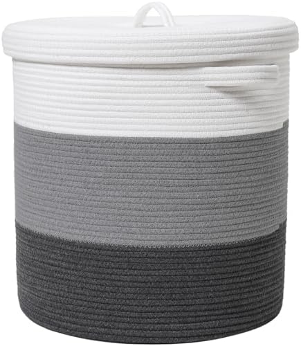 16x18 Inch Extra Large Round Cotton Rope Storage Basket with Lid, Decorative Woven Bin with Cover for Living Room Bedroom Closet, Grey & Dark Grey