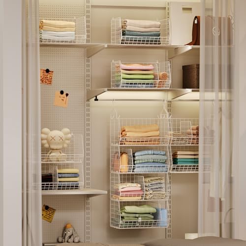 4 Tier Extra Large Hanging Closet Organizer ,Closet Organizer Hanging with 5 S Hooks 4 Dividers,Clothes Organizer Clothing Sweaters Clutches Handbags Hats Accessories-White