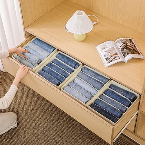 Jeans Drawer Organizers for Clothing, 5 Compartment Wardrobe Storage Box, Washable Clothes Organizer for Folded Clothes, Jeans, Pants, Leggings, t-shirts(Beige)