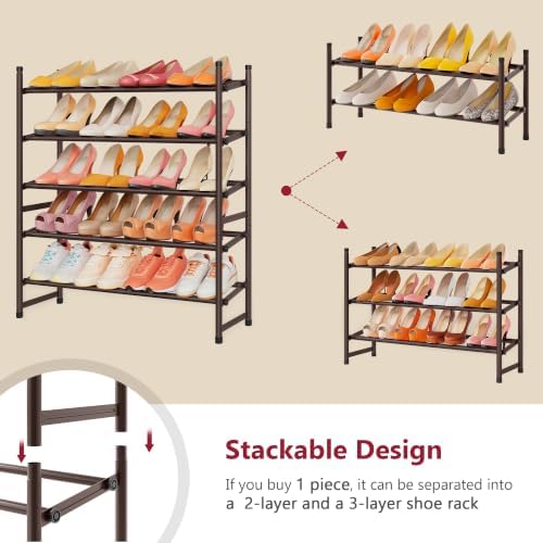 Tajsoon Expandable Shoe Rack for Closet 5 Tier, 28“-41“Stackable, Bronze