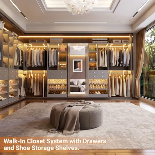 10FT Closet System with 4 Drawers, 120" Closet Organizer System with 6 Hanging Robs & Reversible Hanging Shelving, Closet Systems for Walk-in Closets, Load 2000+LBS, Morandi Grey 2 Pack