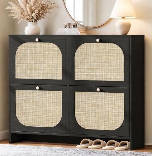 Shoe Cabinet for Entryway with 4 Flip Drawers, 9.5" Slim Wooden Shoe Storage Cabinet Fits Size 12+ Boots, Arched Rattan Hidden Shoe Organizer with Adjustable Shelves for Hallway, Foyer, Living Room