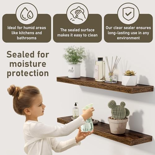 Floating Shelves Wall Shelf 30 Inch Long, Rustic Wood Bathroom Shelves 30 Inch, Farmhouse Home Decor Kitchen Living Room Bedroom Shelves Wall Mounted, 30 x 6.7 x 1.4 Inch, Set of 3, Rustic Brown