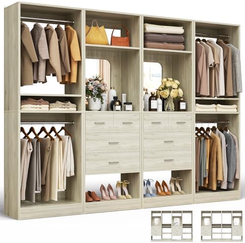 Unikito 100" Closet System with Drawers, 8.3FT Wood Closet Organizer with Hanging Rods, Mirror and Shelves, Large Walk-In Closet Organization Towers, White Oak