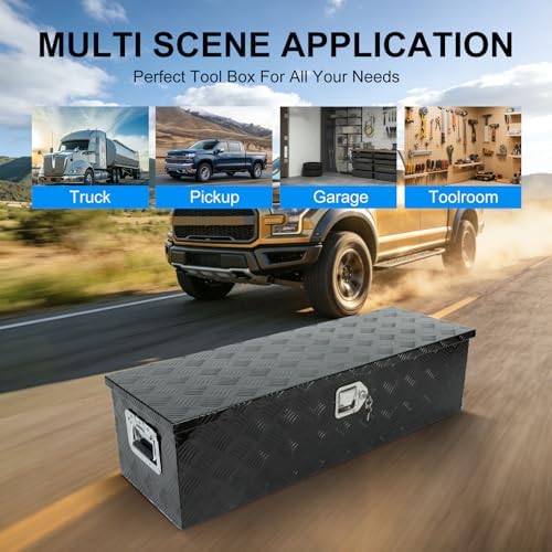 39"x13"x10" Black Heavy Duty Aluminum Pickup Truck Bed Tool Box，Diamond Plate Waterproof Storage Box For Truck, RV, Trailer With Side Handle and Lock Keys