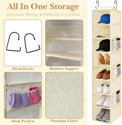 Hanging Shoe Organizer for Closet with 8 Shelves,Mesh Pockets-Wider Hanging Shelves for Shoes,Clothes,Hats with Sturdy Bamboo-Supported Design (Beige)