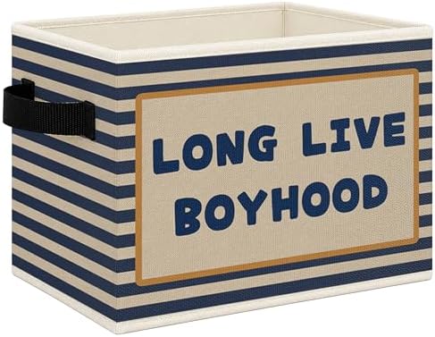 Long Live Boyhood Boys Foldable Storage Bins Box with Handles, Retro Blue Striped Collapsible Toys Books Clothes Organizer Basket for Kids Boy Nursery Room Bedroom Bathroom Playroom