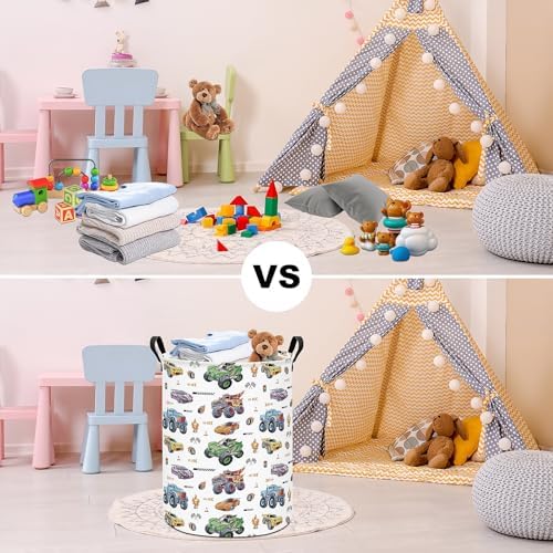 Monster Truck Laundry Hamper Storage Basket | Foldable with Waterproof PE Coating Organizer Bin for Kids Boys and Girls,Office,Bedroom,Clothes