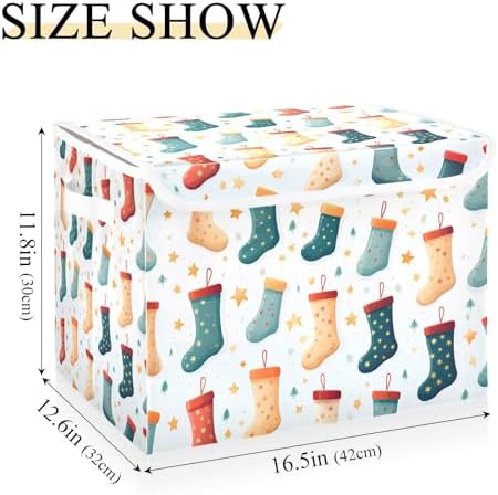 Large Storage Bins with Linen Christmas Colorful Stockings Collapsible Foldable Storage Cubes Fabric Closet Organizer Containers box with Flip-Top Lid for Home Bedroom Office 16.7 x 12.6 x 11.8in