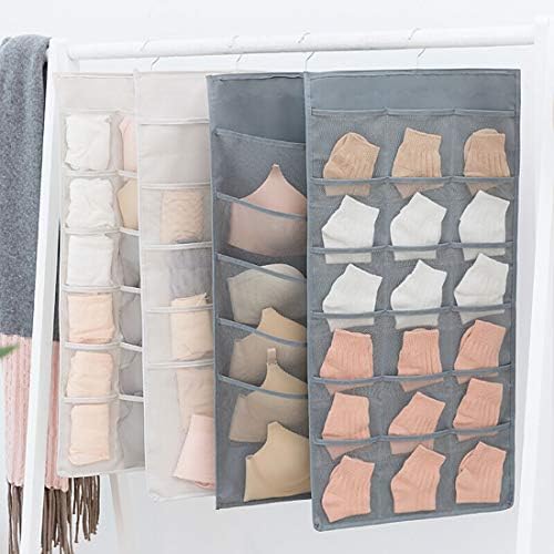Closet Hanging Organizer with Mesh Pockets & Rotating Metal Hanger,Dual Sided Wall Shelf Wardrobe Storage Bags,Oxford Cloth Space Saver Bag for Bra Underwear Underpants Socks (gray)