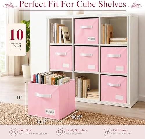 Storage Cubes 10 Pack, 11 Inch Fabric Storage Bins Organizer with Labels, Odor-Free & Sturdy PP Structure, Collapsible Cubby Baskets for Closet, Shelves, Toys & Nursery (Pink)