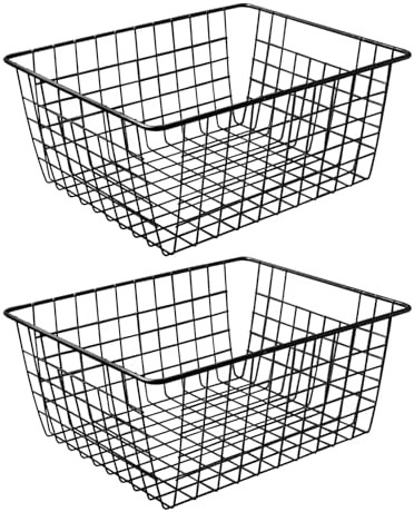 14" Upright Freezer Storage Baskets, Black Wire Storage Bins Large Bakset for Freezer, Pantry, Bathroom Organizing, Set of 2