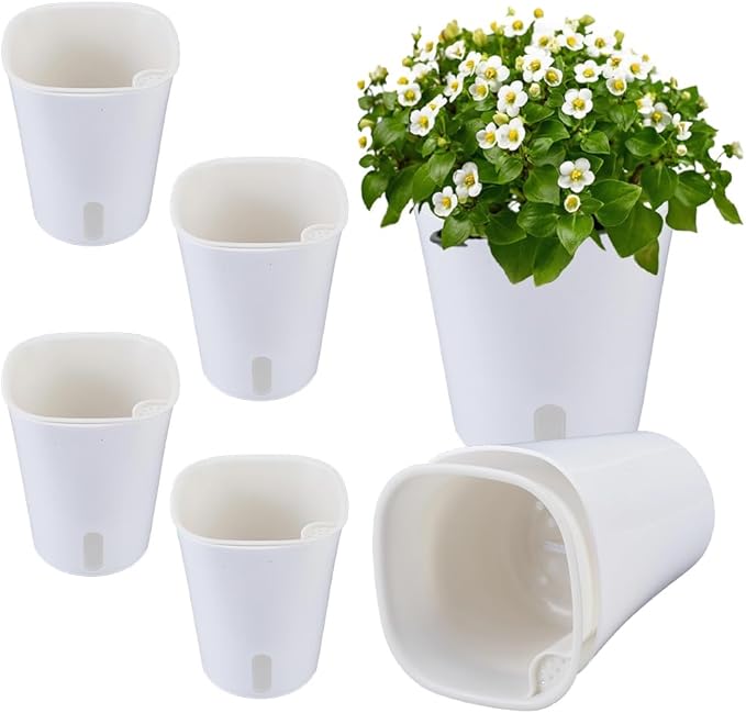 6 Kits Self Watering Pots for Indoor Plants, 4.93inch White Plastic Self Watering Planters for Herbs Succulents, Garden Decorative Flower Pots with Water Visual Window, Water-Absorbing Rope