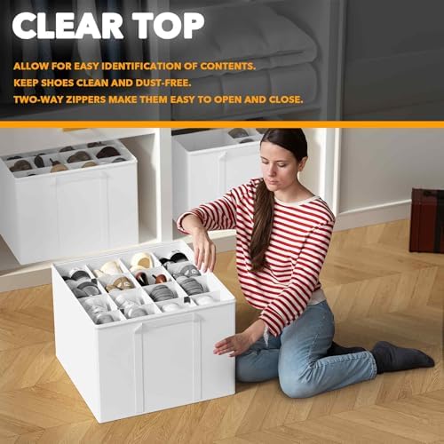 SpaceAid Shoe Organizer for Closet, 2 Pack Foldable Shoe Storage Containers Baskets Boxes Bins w/Adjustable Dividers, Fits 16-32 Pairs, White
