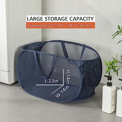Sturdy Mesh Laundry Hamper Basket Bag,collapsible Pop up for Laundry Room | Folding Foldable Baskets with Side Pocket Travel Clothes Organizer for Bathroom,Kids Room,College Dorm (Horizontal,Beige)