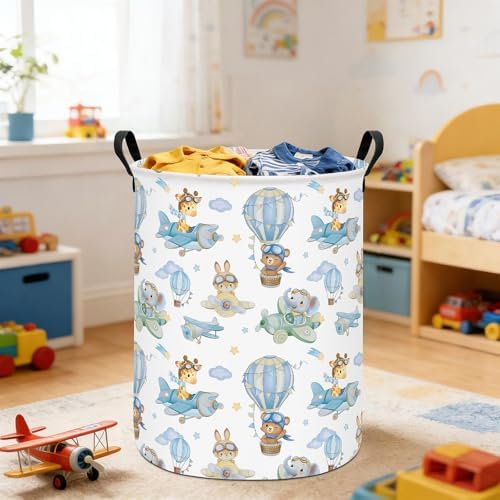 Round Fabric Collapsible Storage Basket with Handles, Airplane Animal