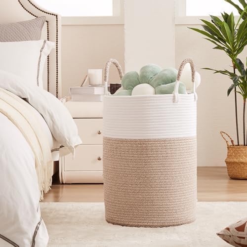80L Extra Large Hamper Laundry Basket Tall Woven Clothes Hamper | Cotton Rope Blanket Basket in Living Room Bathroom Bedroom Brown 16"D x 22"H