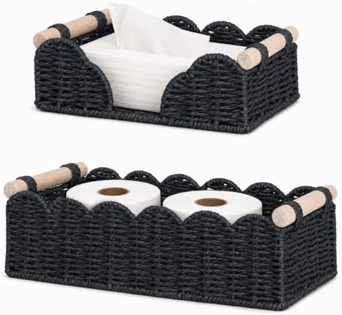 2 Pack Scalloped Paper Rope Toilet Paper Baskets with Wood Handles