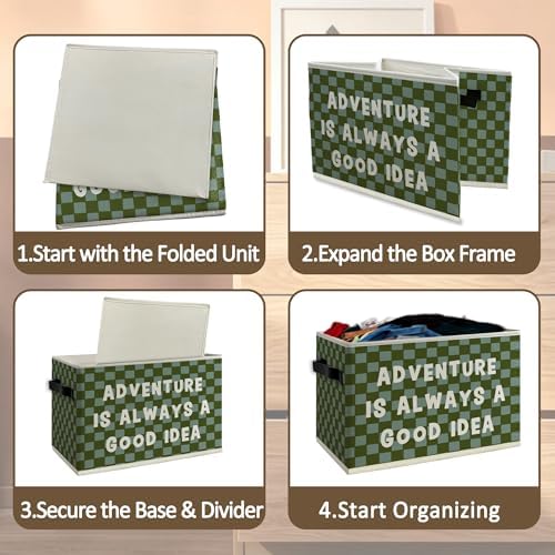 Adventure Classroom Nursery Cube Storage Bins with Handles, Green Checkered Kids Playroom Collapsible Fabric Storage Basket Boxes Toys Books Clothes Organizer for Kids Boys Bedroom Bathroom