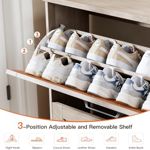 Nicetree Farmhouse Gray Shoe Cabinet – Ultra Slim 3-Drawer Flip Organizer with Shaker Barn Door Accents, 3 Adjustable Shelves, and Freestanding Compact Design, Shoe Rack Stores Multiple Pairs