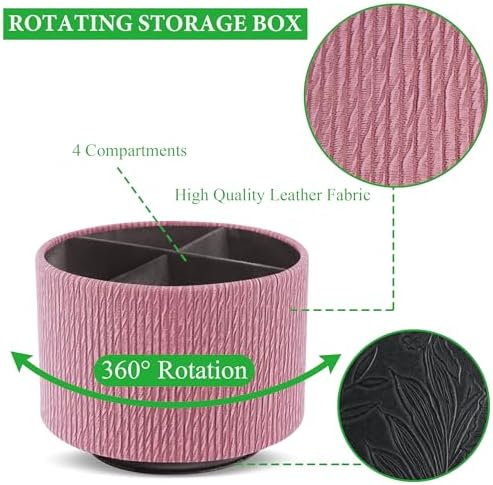 Round Leather Art Supply Organizer,Remote Control Holder,360 Degree Spinning,Multi-Functional Pencil Holder,4 Compartments Desktop Stationary Organizer(1-Wood Pink)