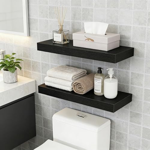 23.6"L Heavy Duty Solid Wood Core Floating Shelves, Black, Set of 2
