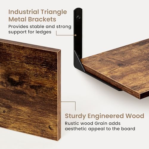Fun Memories Deep Floating Shelves, 16W x 8D Floating Shelves Set of 2, Wall Mounted Shelf with Metal Brackets, Rustic Wood Wall Shelf for Bathroom, Kitchen and Living Room, Rustic Brown