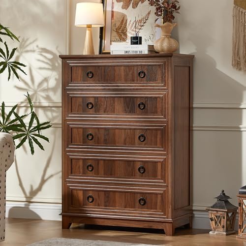 Joaxswe Farmhouse 5 Drawer Dresser for Bedroom Set of 2, 42.5" Tall Small Dressers & Chest of Drawers, Rustic Wood Dresser with Metal Handle, Storage Organizer Closet for Living Room, Hallway,Entryway | Chest of Drawers, Rustic Wood Dresser with Metal ...