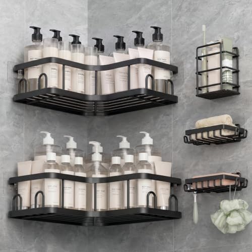 Veken Large Capacity Corner Shower Caddy 5-Pack, Advanced Rustproof Design | No Drilling Adhesive Shelves, Rack with Soap Holder & Hooks, Thickened Metal Frame, Bathroom Organizers and Storage, Black